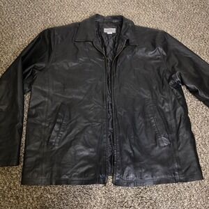 Vintage Leather Coat Mens 2XLT Black Genuine Leather Overcoat Quilted Lined Zip